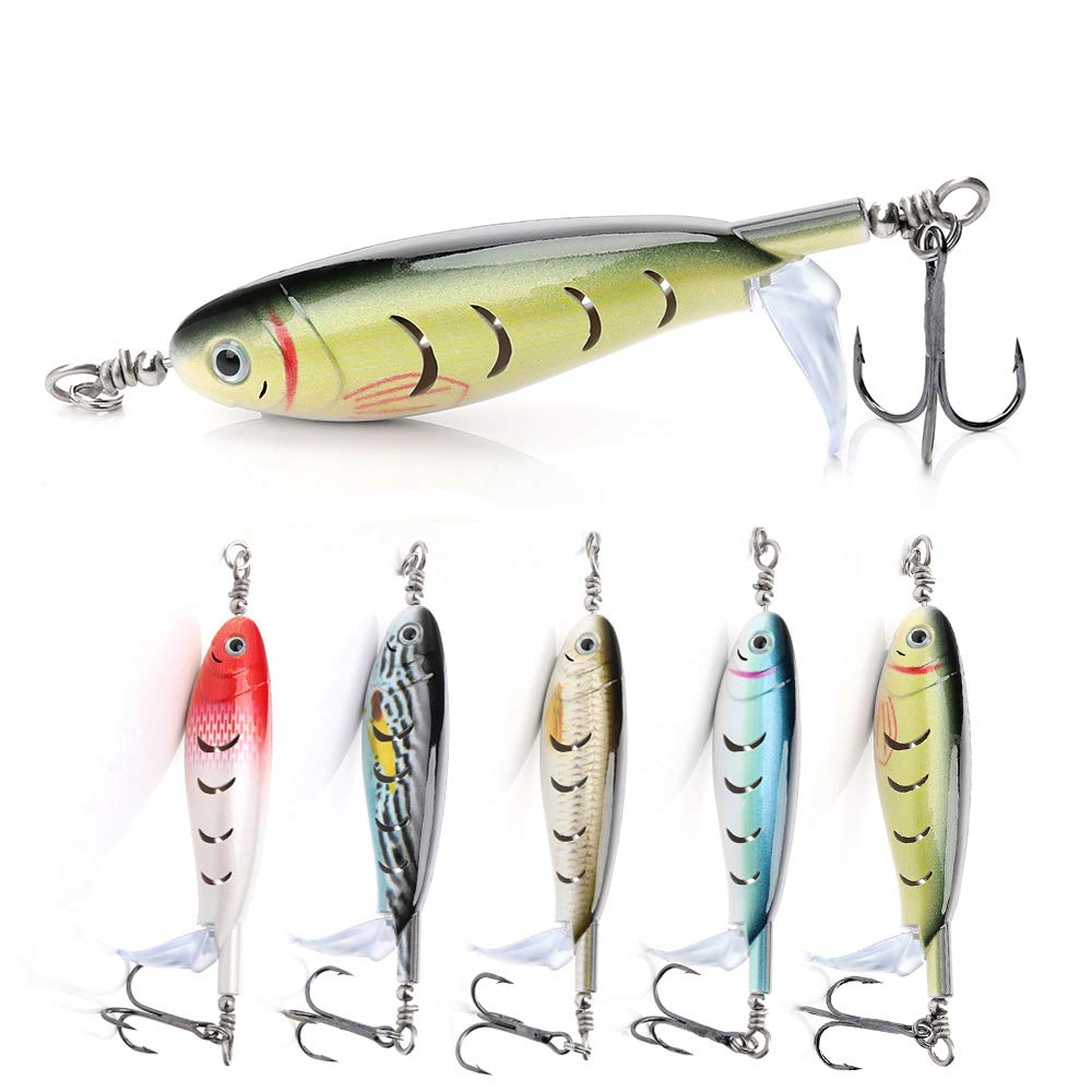 Topwater Bass Lures,5pcs Fishing Lure with Floating Rotating Tail