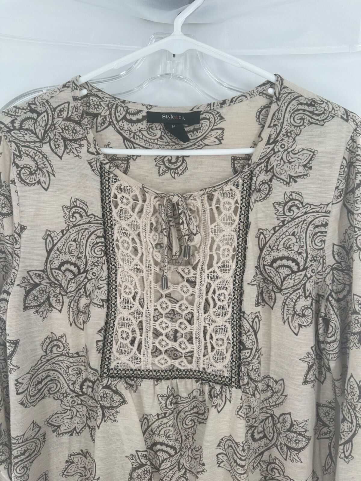 Style & Co Tan Boho Top Crochet Detail With Tie Front Size M