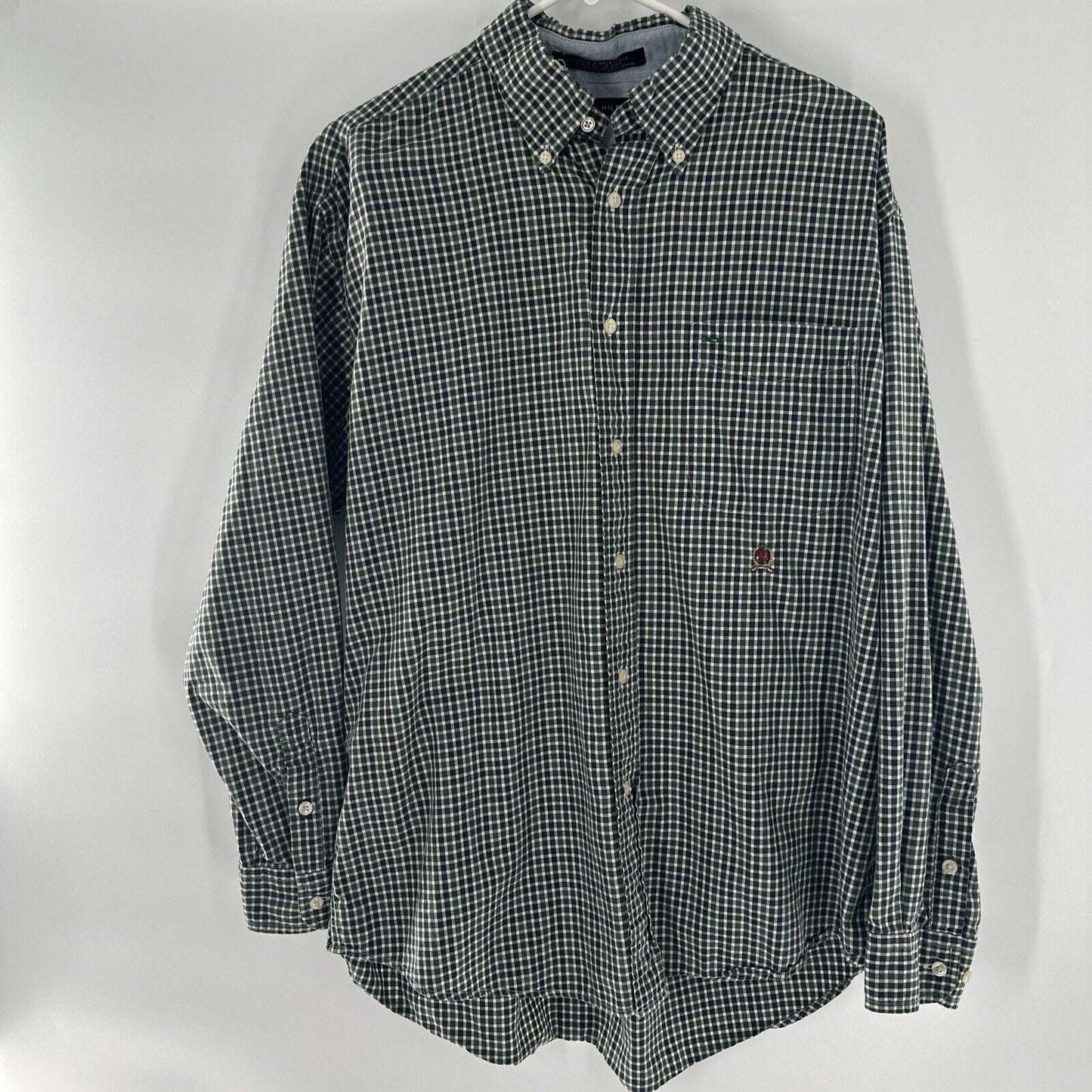 Tommy Hilfiger Button Down Shirt Gingham Size L Green Long Sleeve.