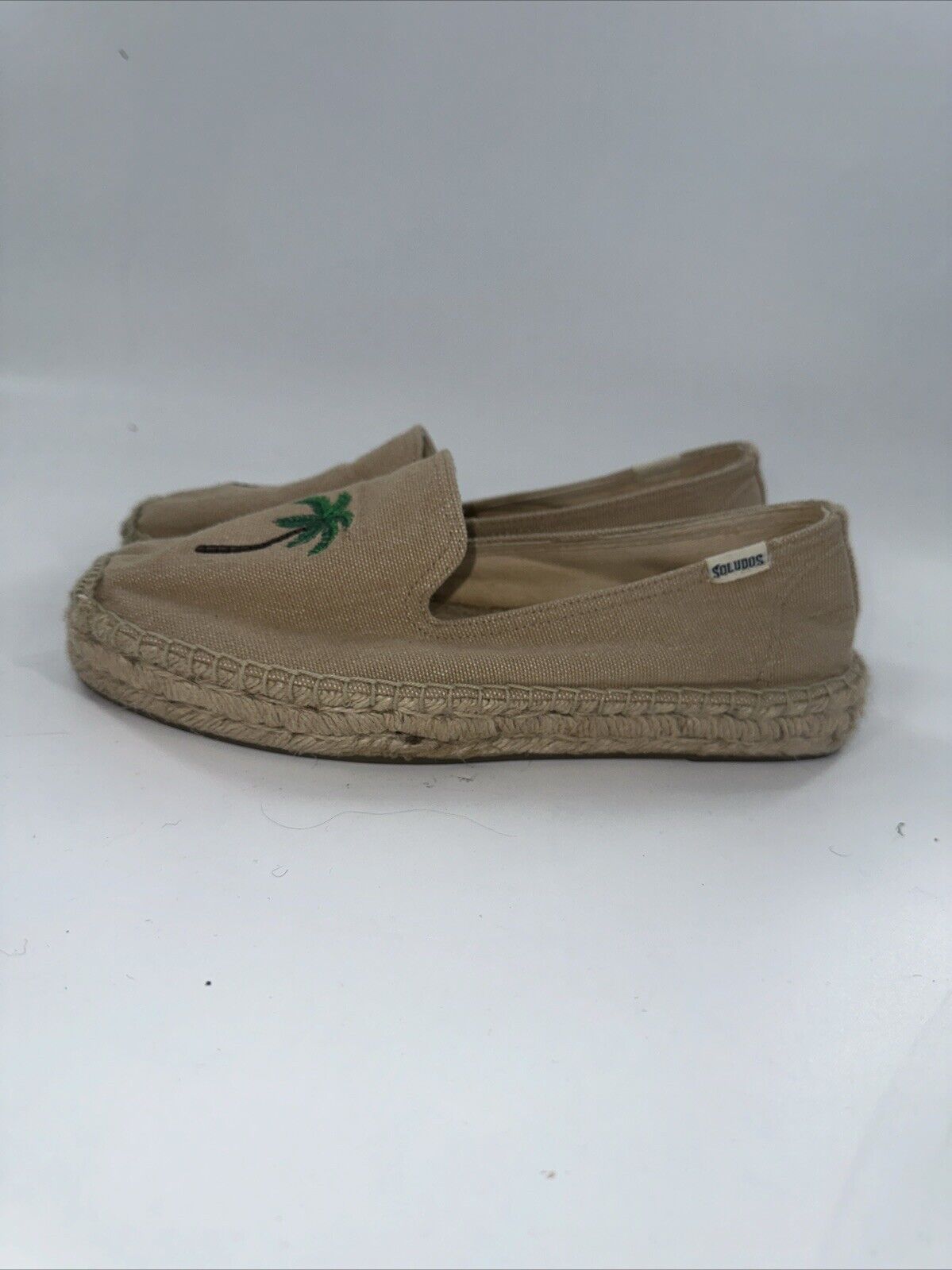 Soludos Palm Tree Size 8 Women Canvas Espadrille Slip On Shoes Beige Khaki Beach