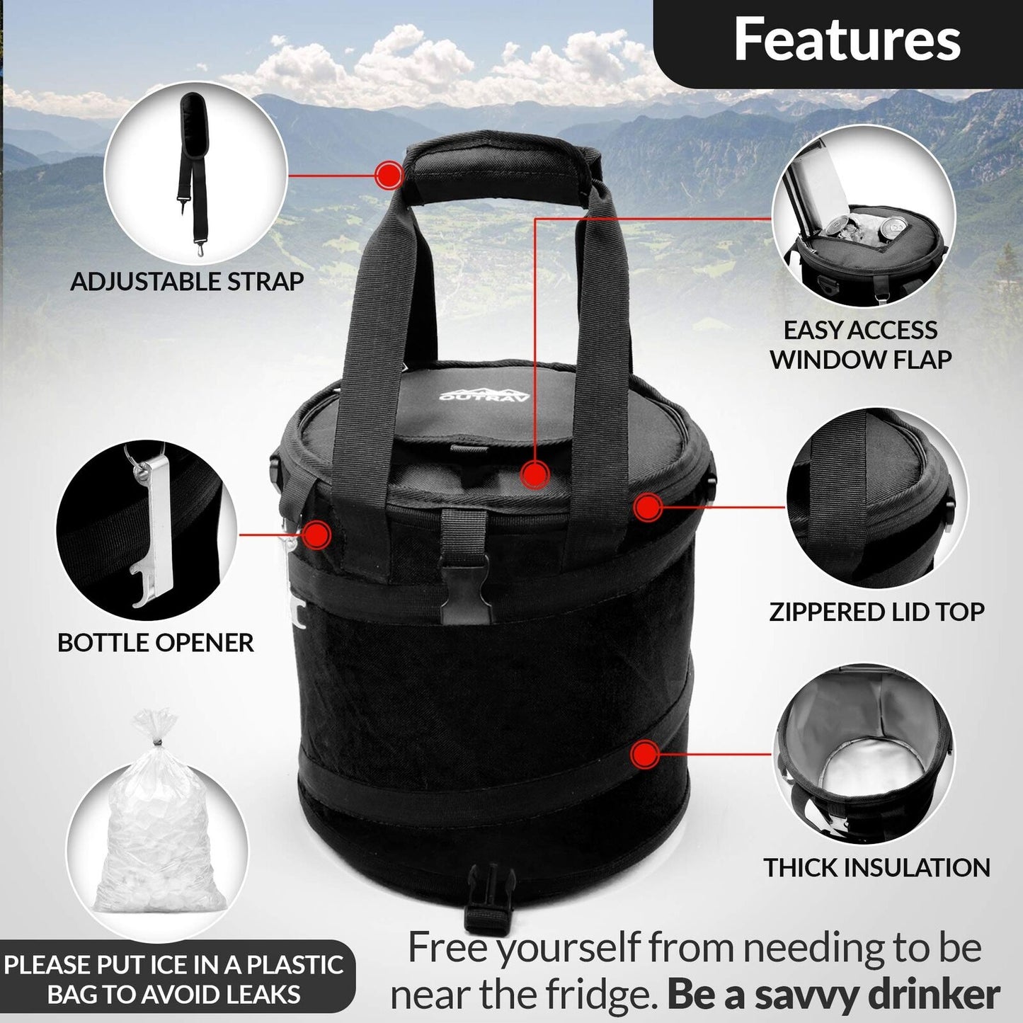 24 Can  Cooler Bag Pop Up Collapsible Insulated Tote with Shoulder Strap |