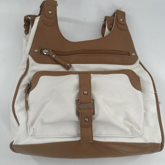 Rosetti Purse Multi-Pocket Double Rope Handle Shoulder Bag White/ Tan  EUC