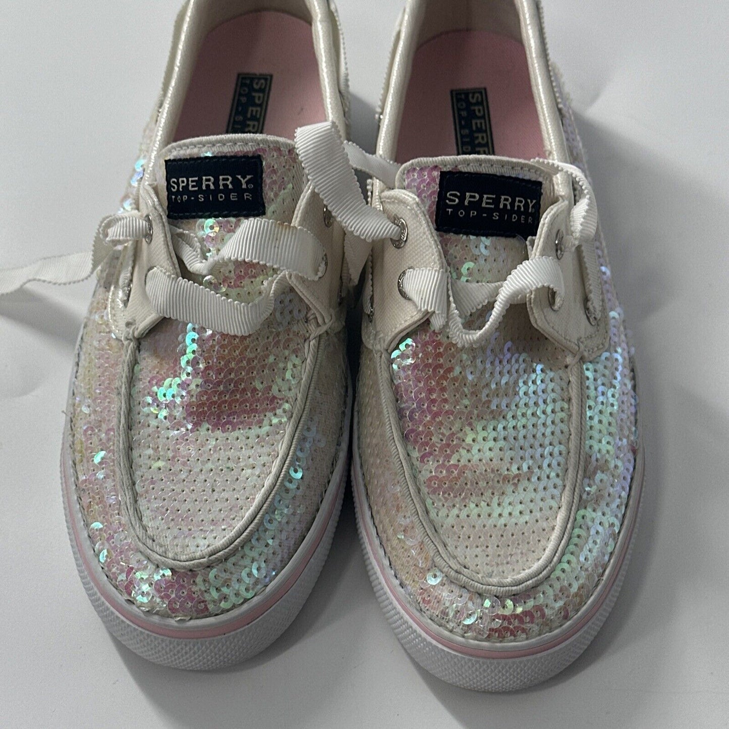 Sperry Top-Siders Bahama White & Pink Iridescent Sequin Sneakers 7/37