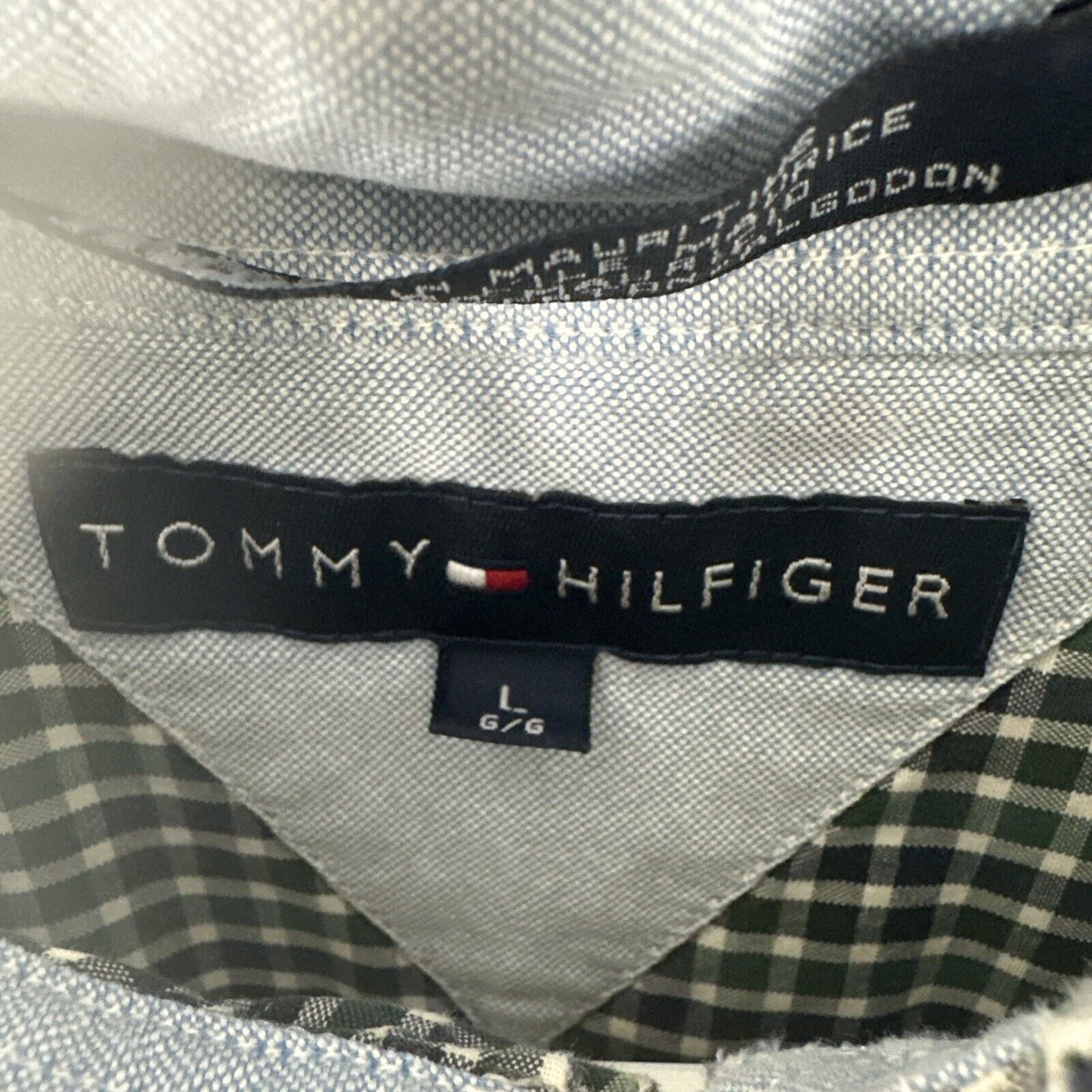 Tommy Hilfiger Button Down Shirt Gingham Size L Green Long Sleeve.