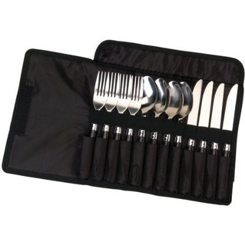 Mossy Oak 12-Piece Black Handle Camping Flatware Set with Camouflage Carry Case - Opticdeals