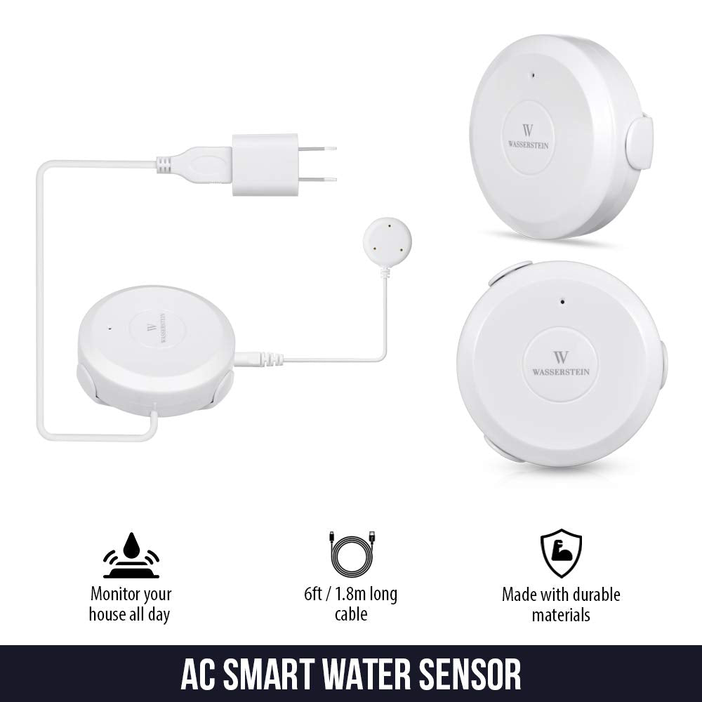 Water Sensor AC Powered Smart Wi-Fi  with 6ft/1.8m Cable, Flood and Leak Detector – Alarm and App Notification Alerts, No Expensive Hub Required, Simple Plug & Play by Wasserstein (1 Pack) - Opticdeals