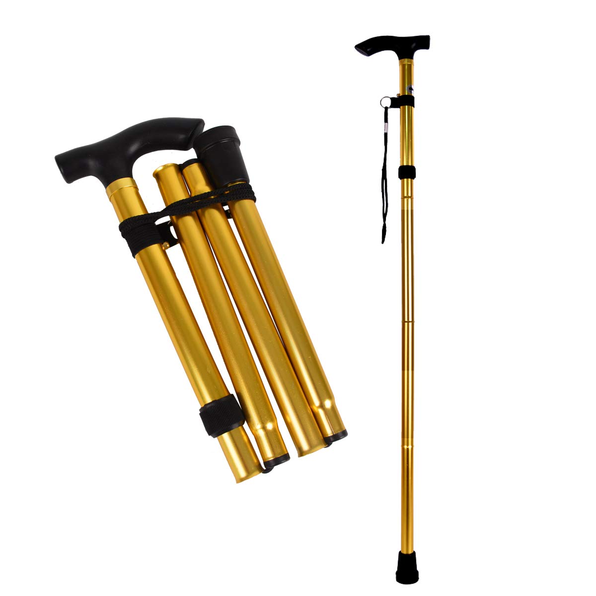 Baitaihem Adjustable Foldable Walking Cane 4 Section Aluminum Alloy Folding Walking Stick - Lightweight & Sturdy Offset Walking Stick Sleek, Comfortable T Handles(Gold) - Opticdeals