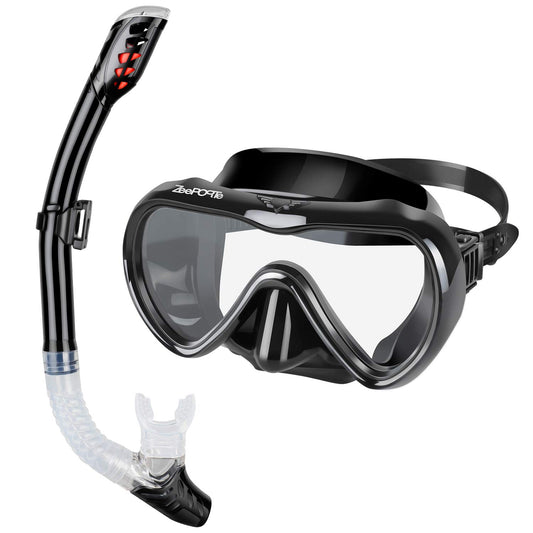 ZEEPORTE Snorkel Set, Sz Med Anti-Fog Tempered Glass Panoramic Diving Mask, - Opticdeals