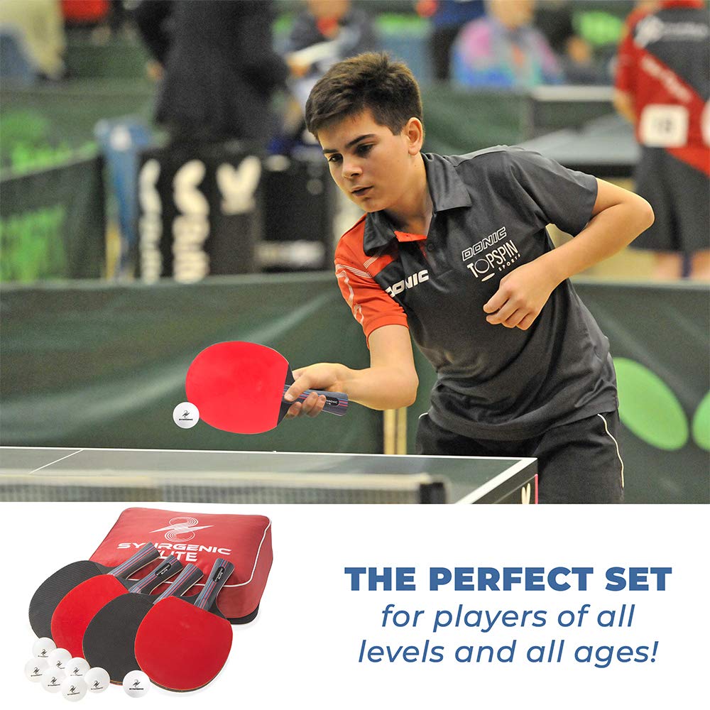 Synrgenic Table Tennis Paddle Set - 4 Professional Ping Pong Rackets, 8 Professional ITTF Game Balls, and Portable Cover Bag - Ergonomic Wooden Bats for Powerful Speed and Spin - Opticdeals