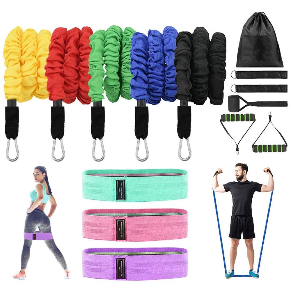 Resistance Bands Set15pcs  5 Stackable Exercise Bands 3 Non Slip Elastic Loop, Handles, Ankle Straps Door Anchor - Opticdeals