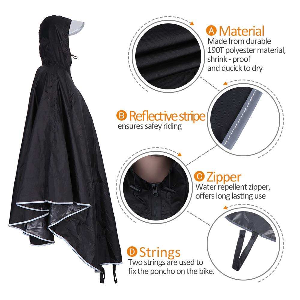 Anyoo Waterproof Rain Poncho Bike Bicycle Rain Capes Lightweight Compact Reusable for Adults Black - Opticdeals