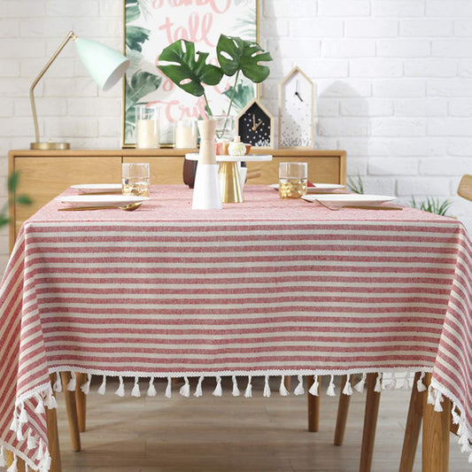 AMZALI Stripe Tassel Tablecloth ,55 x 71 Inch,  Cotton Linen - Opticdeals