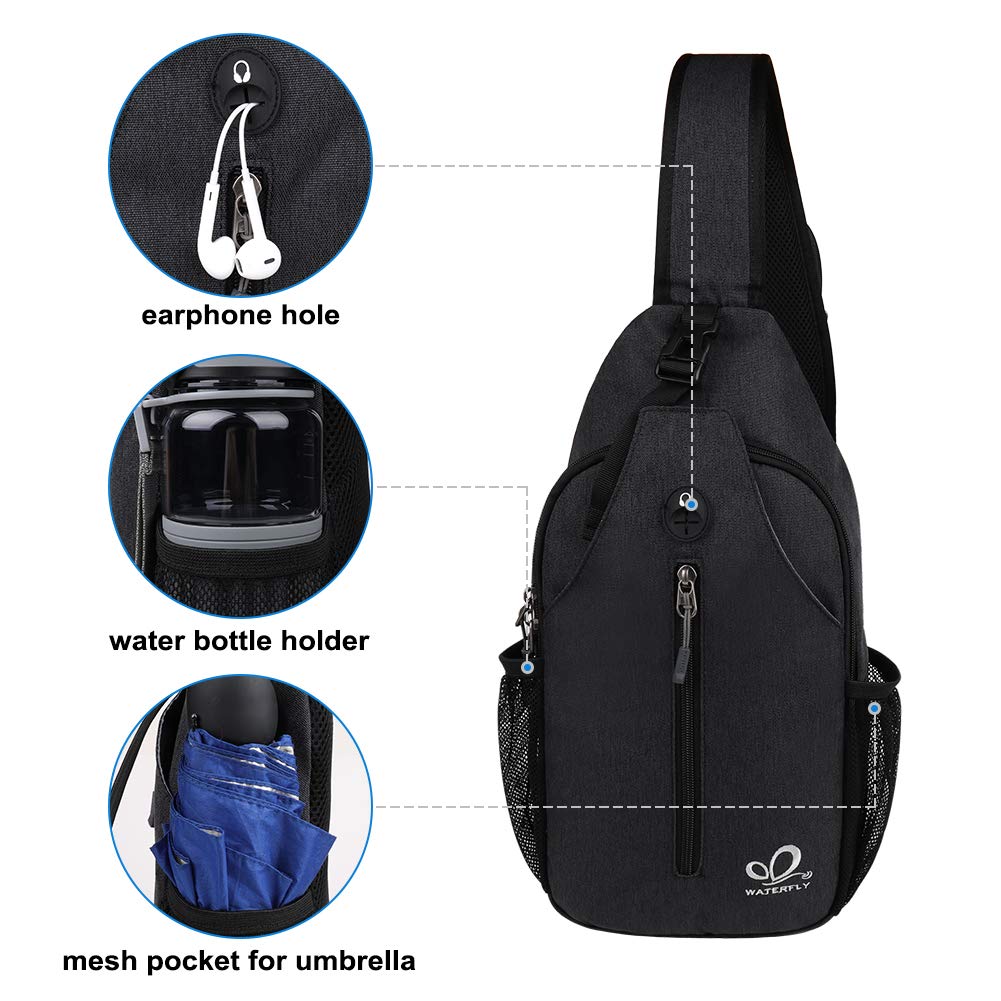 WATERFLY Crossbody Sling Backpack Sling Bag Travel Hiking Chest Bag Daypack (Black) - Opticdeals