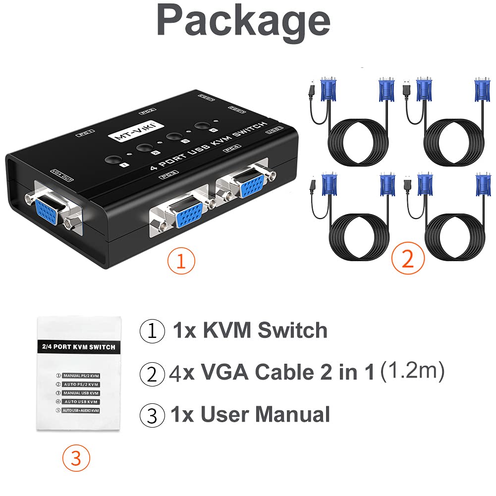 KVM Switch VGA, MT-VIKI 4 Port KVM Switch for 4 Computers Share One Monitor Keyboard Mouse Printer, 3 USB 2.0 Hub, Included 4 VGA KVM Cables - Opticdeals