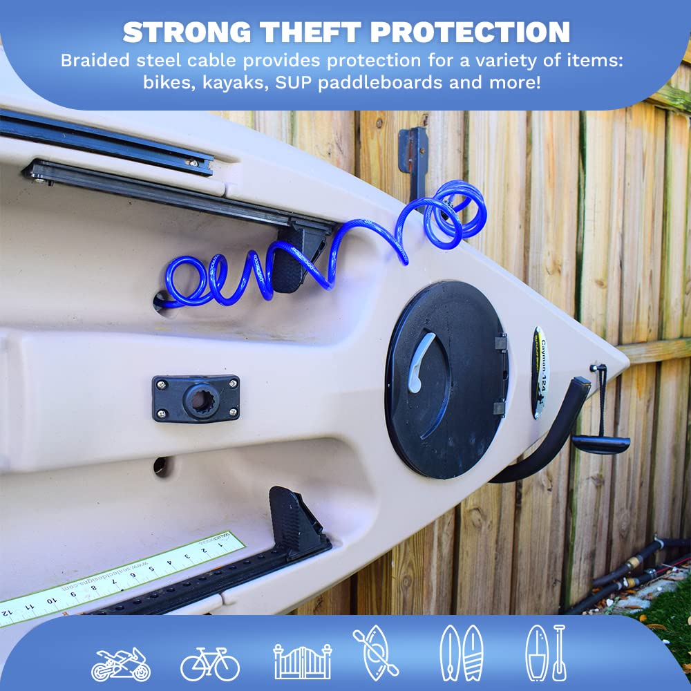 DocksLocks Weatherproof Coiled Security Cable Lock (5ft to 25ft Lengths) with Resettable Combination, Anti-Theft Protection for Kayaks, Bikes, Paddleboards, Scooter, Equipment, Bicycles and More 5ft - Opticdeals