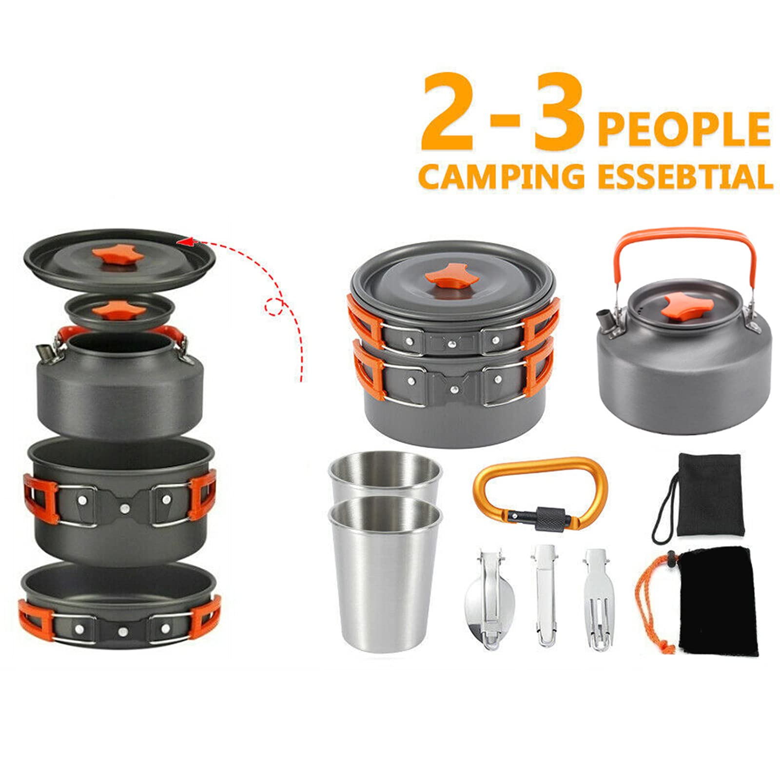 Jasendooer Outdoor Cookware Set Camping Cooker Set Camping Equipment Mountaineering Aluminum Cooker BBQ Tableware Camping Pot Set Suitable for 2~3 People - Orange - Opticdeals