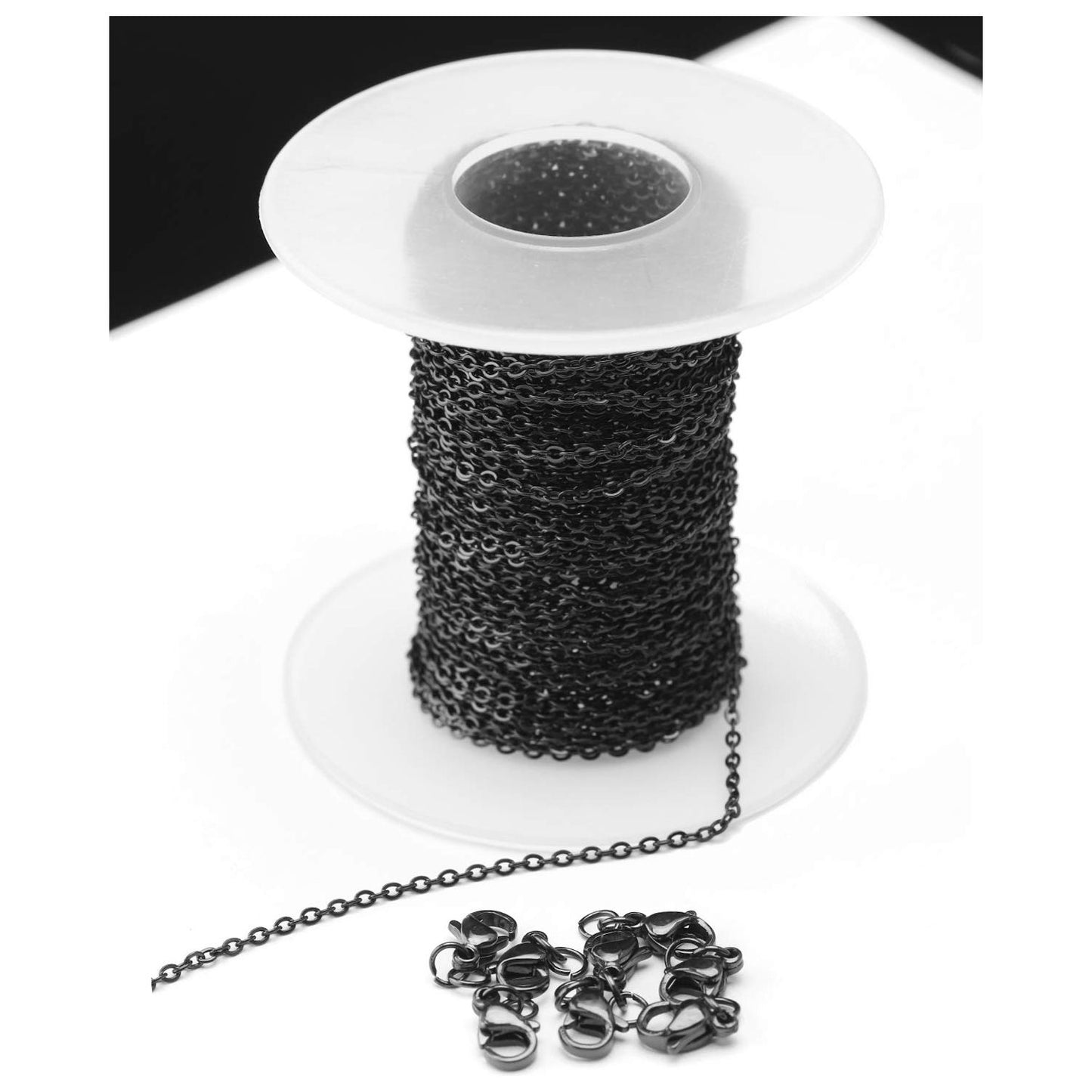 33 Feet Black Stainless Steel Flat Cable Chains Link Spool Bulk with 20 Lobster - Opticdeals