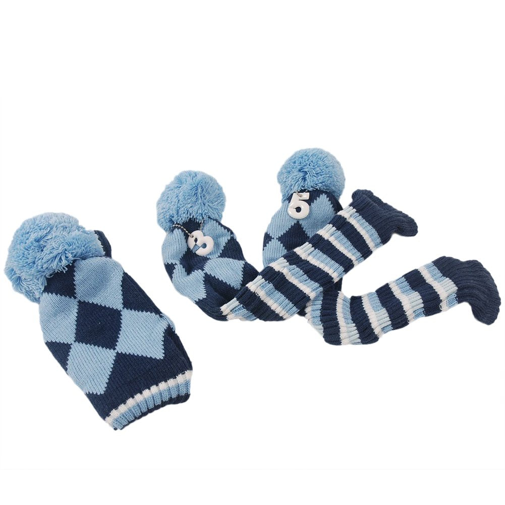 3pcs Golf Club Headcovers  Argyle Knit Head Covers Blue  Pom Pom Sock Covers - Opticdeals