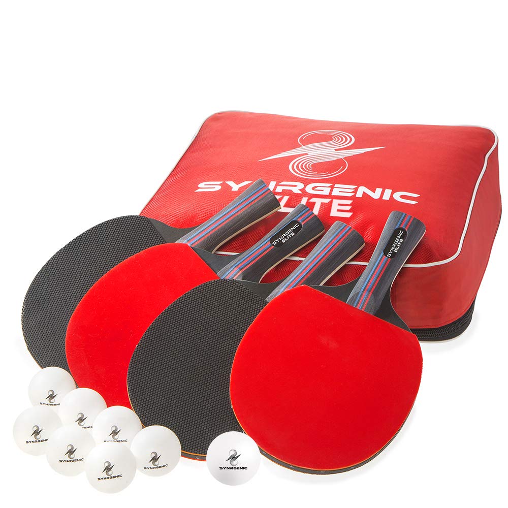 Synrgenic Table Tennis Paddle Set - 4 Professional Ping Pong Rackets, 8 Professional ITTF Game Balls, and Portable Cover Bag - Ergonomic Wooden Bats for Powerful Speed and Spin - Opticdeals