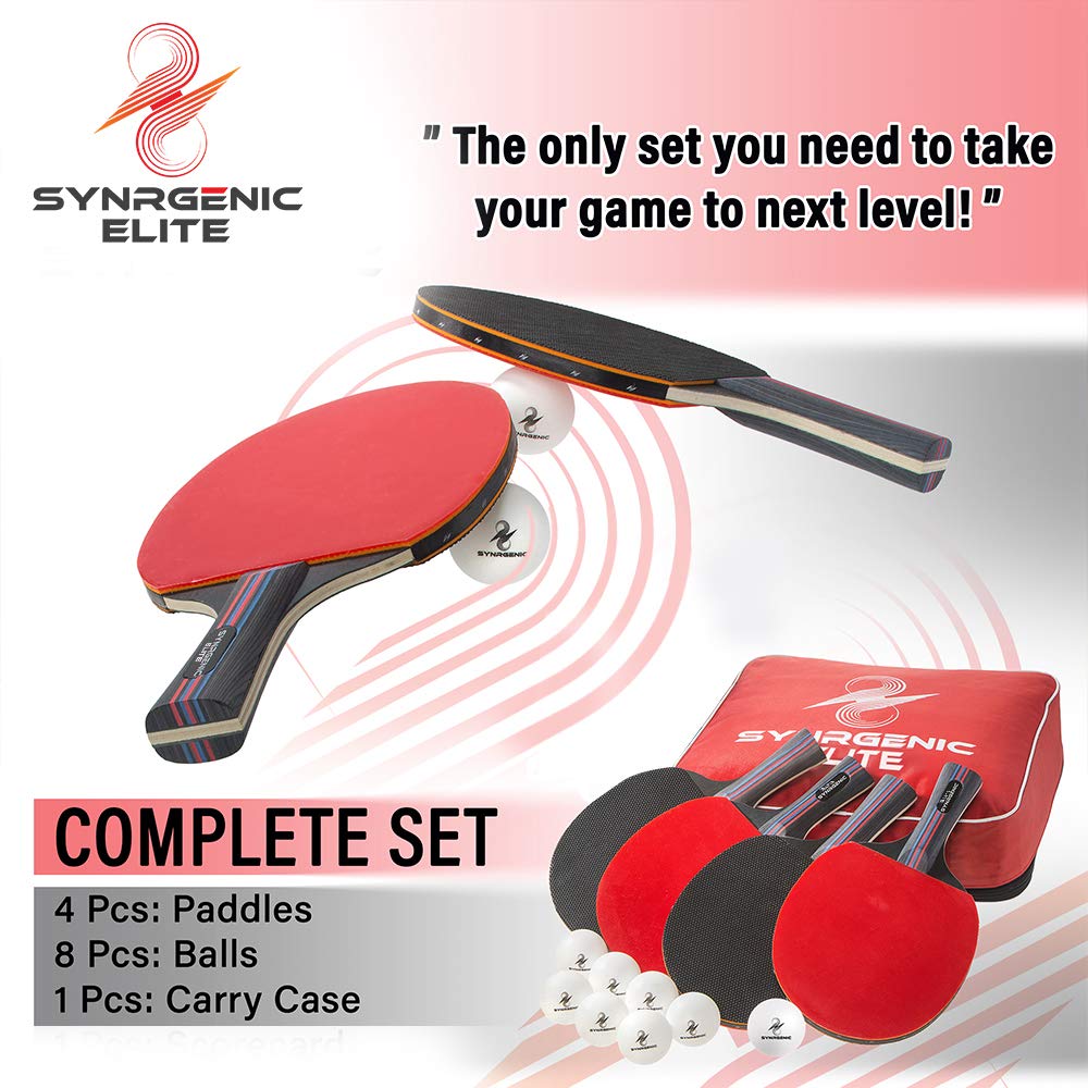 Synrgenic Table Tennis Paddle Set - 4 Professional Ping Pong Rackets, 8 Professional ITTF Game Balls, and Portable Cover Bag - Ergonomic Wooden Bats for Powerful Speed and Spin - Opticdeals