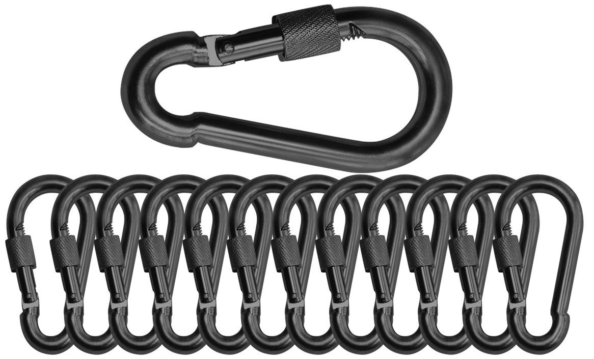 Branded Boards Black & Silver Heavy Duty Bushcraft Locking Thumb Screw Closure Zinc-Galvanized Steel Carabiner Spring Snap Clip Link Hooks 200-400lb Load. 6 & 12 Packs (7cm 12-Pack Black) - Opticdeals