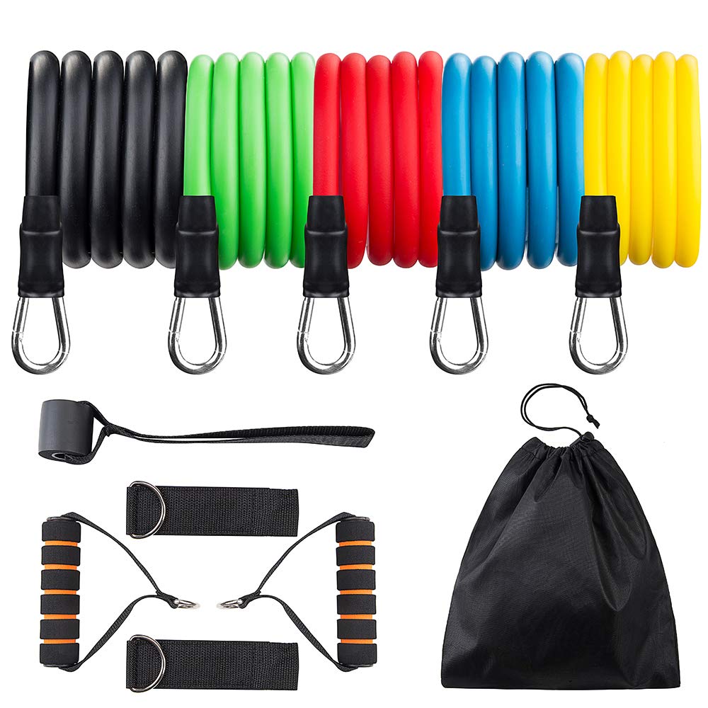 REDESS 11 Pack Exercise Resistance Bands with Handles Exercise Stretch Fitness Home Set Include 5 Stackable Exercise Bands with Carry Bag, Handles, Legs Ankle Straps & Door Anchor - Opticdeals
