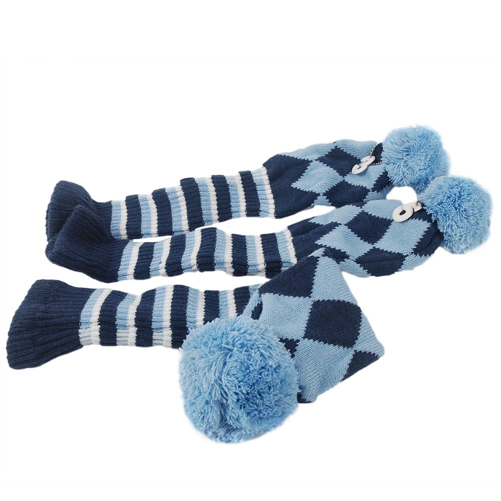 3pcs Golf Club Headcovers  Argyle Knit Head Covers Blue  Pom Pom Sock Covers - Opticdeals