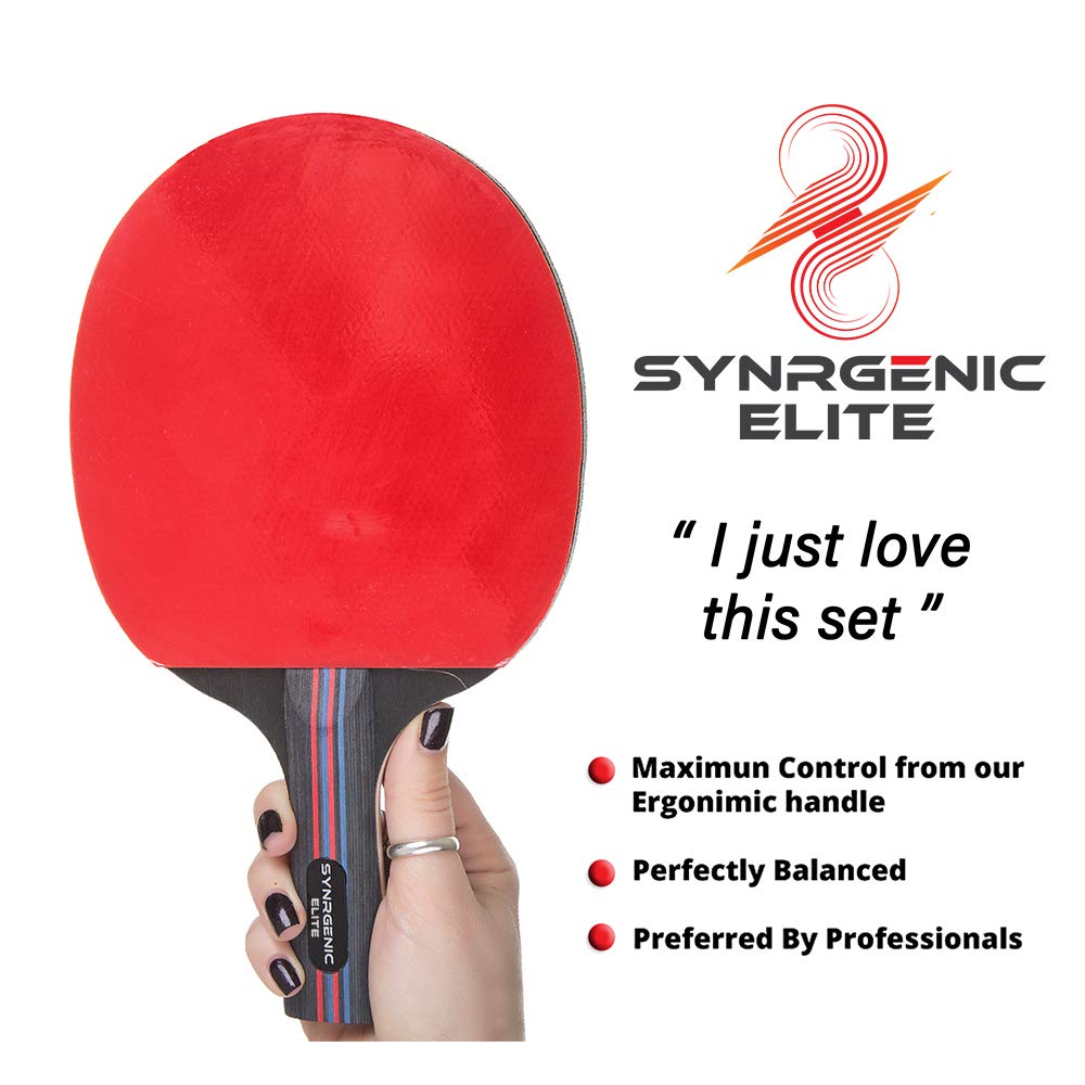 Synrgenic Table Tennis Paddle Set - 4 Professional Ping Pong Rackets, 8 Professional ITTF Game Balls, and Portable Cover Bag - Ergonomic Wooden Bats for Powerful Speed and Spin - Opticdeals