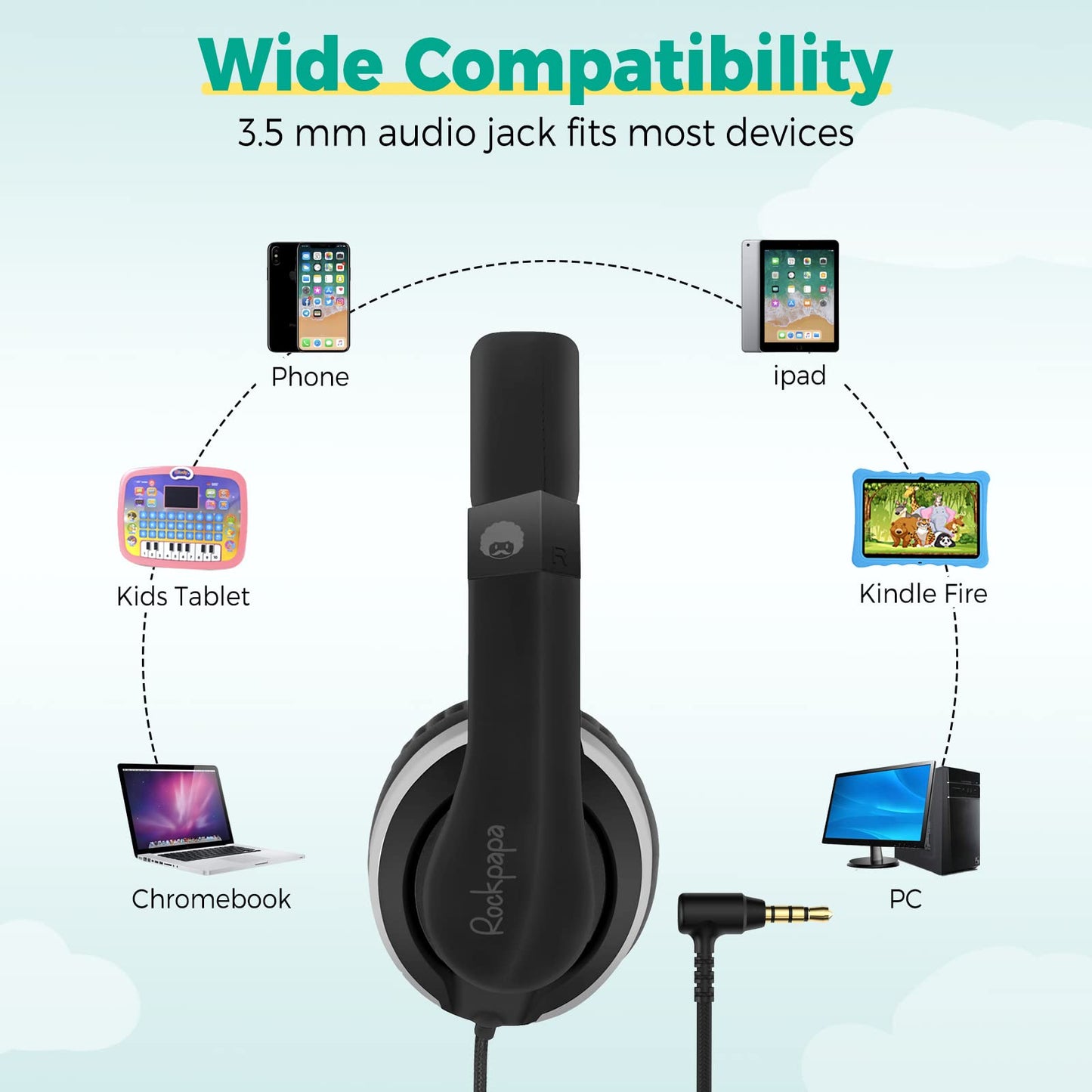 rockpapa HS20 Wired Kid Headphones Boy Girl with Microphone, Foldable Lightweight 3.5mm Toddler Headphones for 1/2/3/3+ Year Old for Airplane Laptop Computer Tablet School Black Grey - Opticdeals