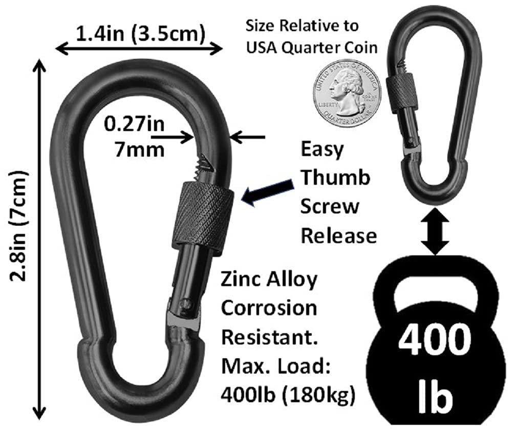 Branded Boards Black & Silver Heavy Duty Bushcraft Locking Thumb Screw Closure Zinc-Galvanized Steel Carabiner Spring Snap Clip Link Hooks 200-400lb Load. 6 & 12 Packs (7cm 12-Pack Black) - Opticdeals