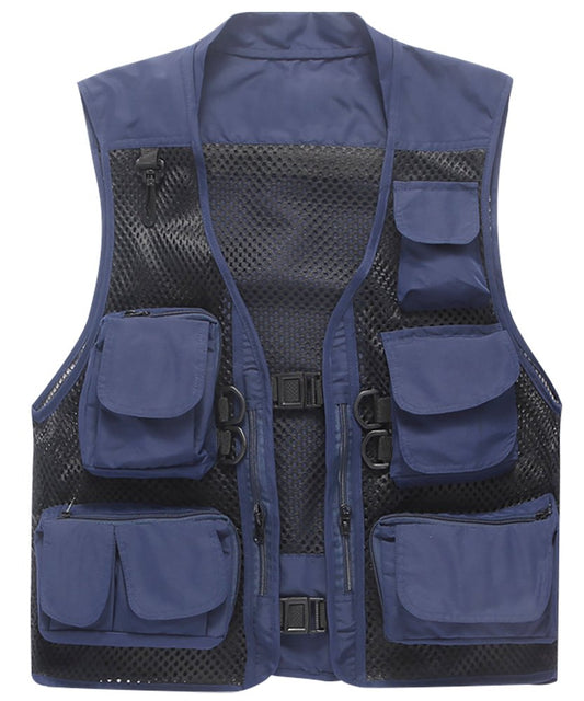 Fishing Vest Sz XXL Multi Pockets Mesh Quick Dry Navy Blue - Opticdeals