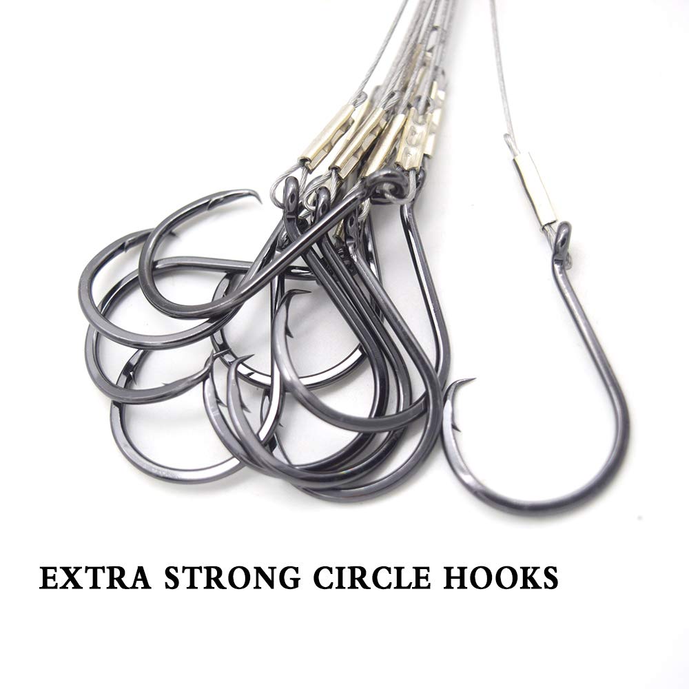 2 Extra Strong Offset Circle Hooks Saltwater,Fishing Hook Rig,Sport Fishing Hooks with Leader Black Nickel Coated High Carbon Steel Octopus Fishing Hooks-Size 1#-10/0# (Hooks with Leader, 1#) - Opticdeals