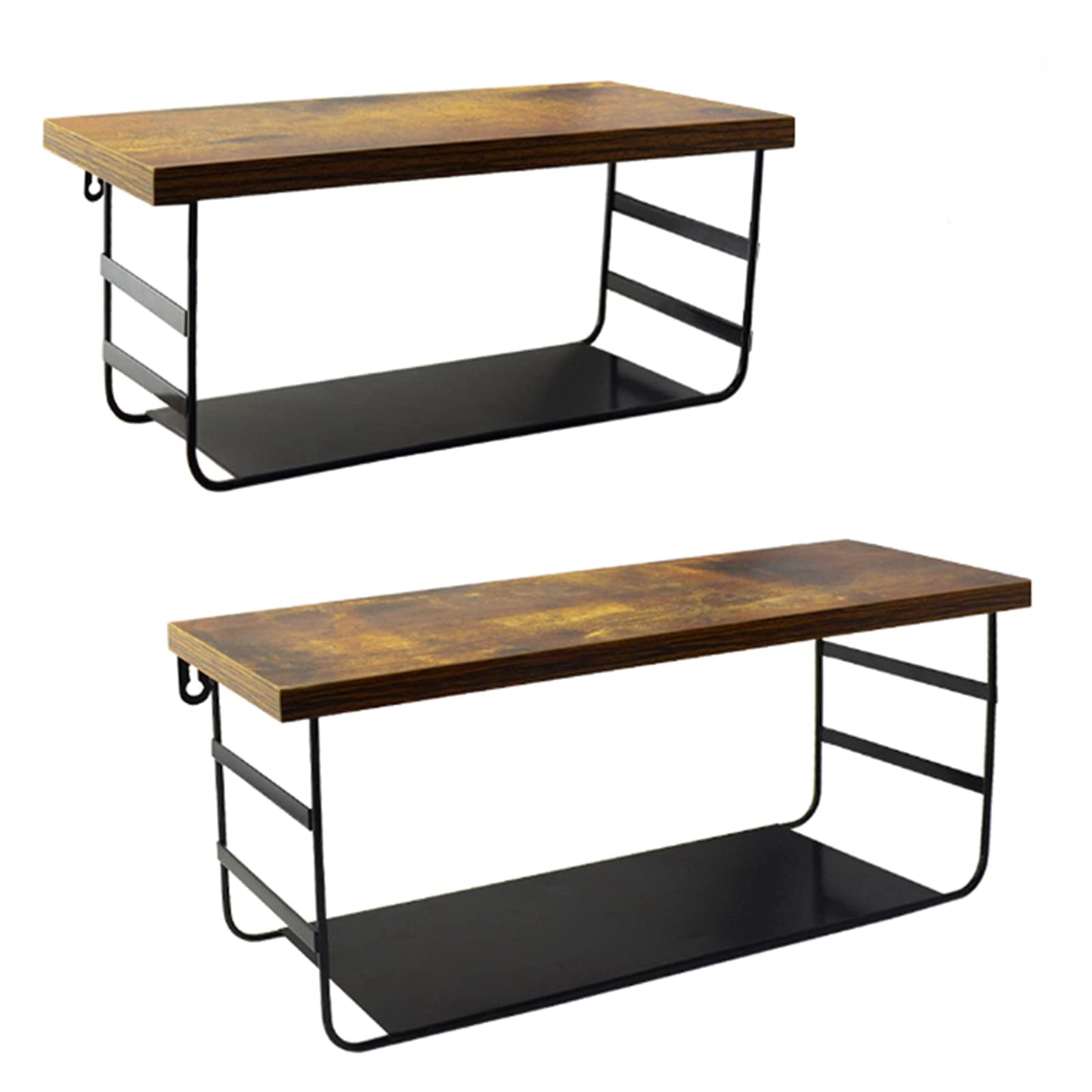 2 Tier Wall Mounted Shelf Set of 2, Wall Floating Shelves with Black Metal for Bedroom, Living Room, Bathroom, Laundry Room, Kitchen, 2 Different Sizes - Opticdeals