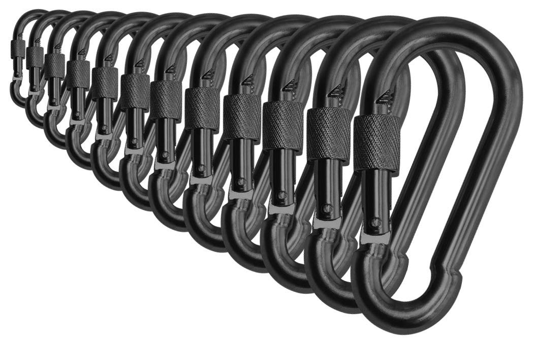 Branded Boards Black & Silver Heavy Duty Bushcraft Locking Thumb Screw Closure Zinc-Galvanized Steel Carabiner Spring Snap Clip Link Hooks 200-400lb Load. 6 & 12 Packs (7cm 12-Pack Black) - Opticdeals