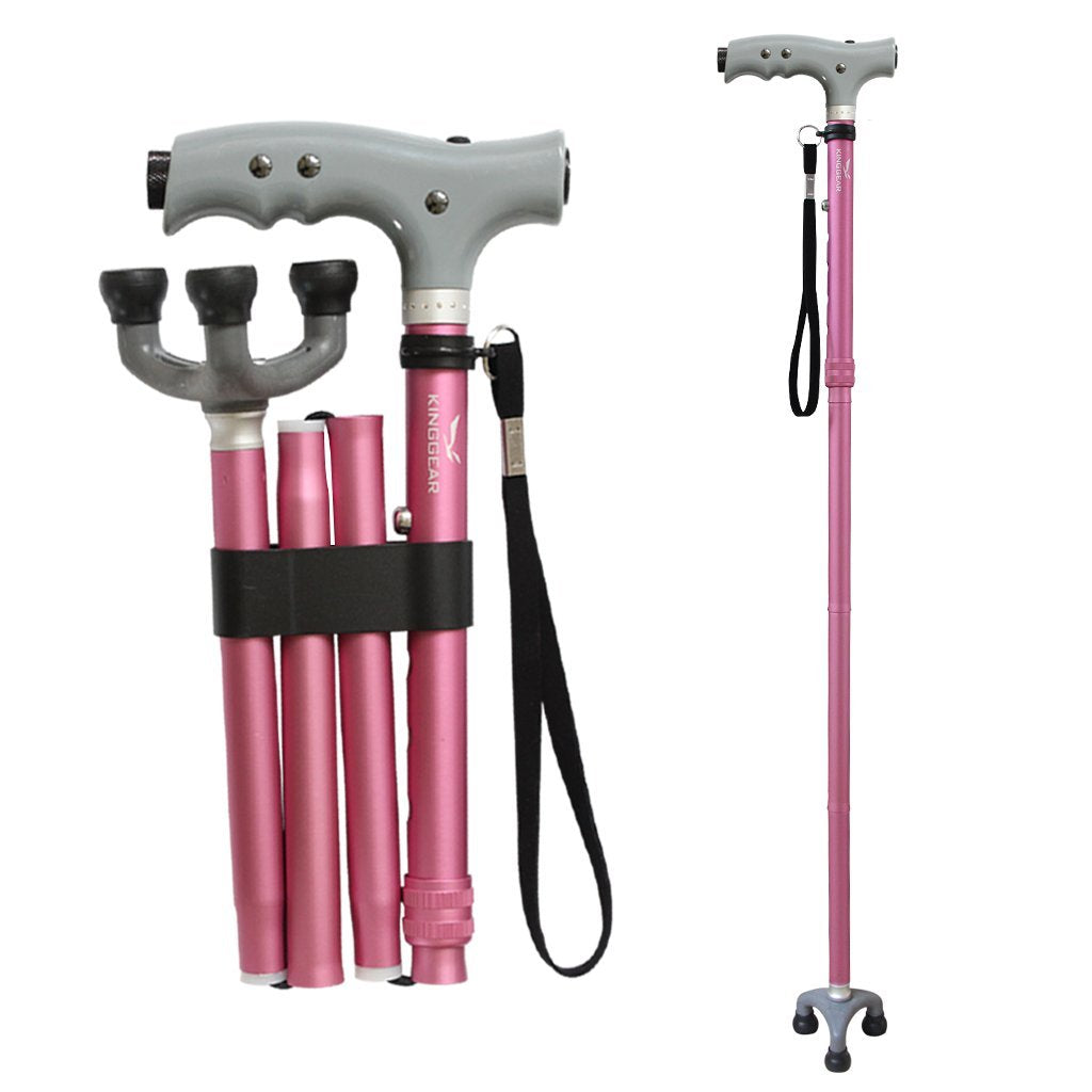 KingGear Travel Adjustable Folding Canes and Walking Sticks for Men and Women - Led Light and Easy Grip Handle for Arthritis Seniors Disabled and Elderly - Best Mobility Aids Cane (Pink)