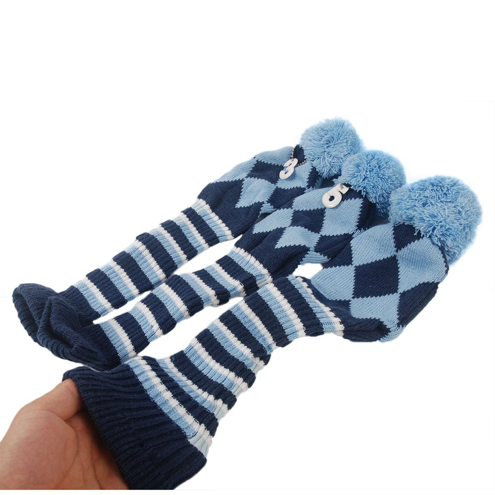 3pcs Golf Club Headcovers  Argyle Knit Head Covers Blue  Pom Pom Sock Covers - Opticdeals