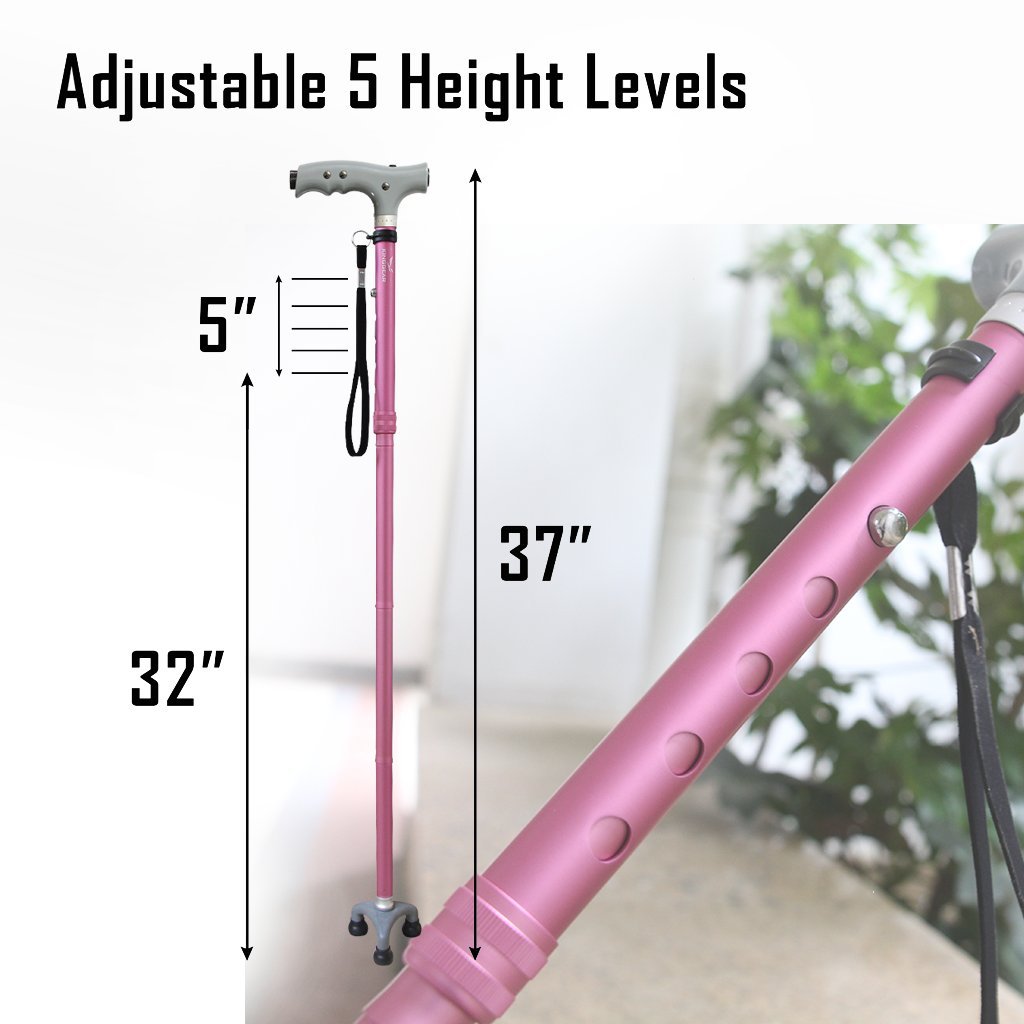 KingGear Travel Adjustable Folding Canes and Walking Sticks for Men and Women - Led Light and Easy Grip Handle for Arthritis Seniors Disabled and Elderly - Best Mobility Aids Cane (Pink)