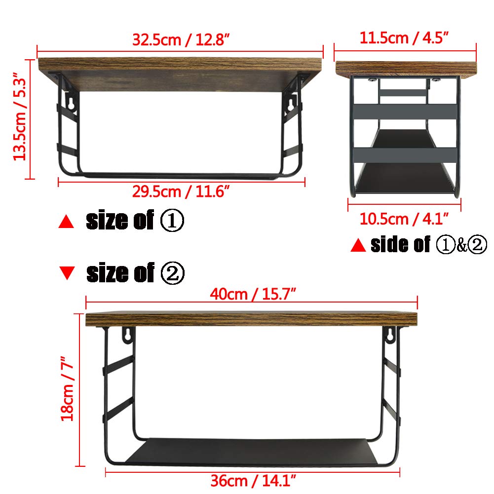 2 Tier Wall Mounted Shelf Set of 2, Wall Floating Shelves with Black Metal for Bedroom, Living Room, Bathroom, Laundry Room, Kitchen, 2 Different Sizes - Opticdeals