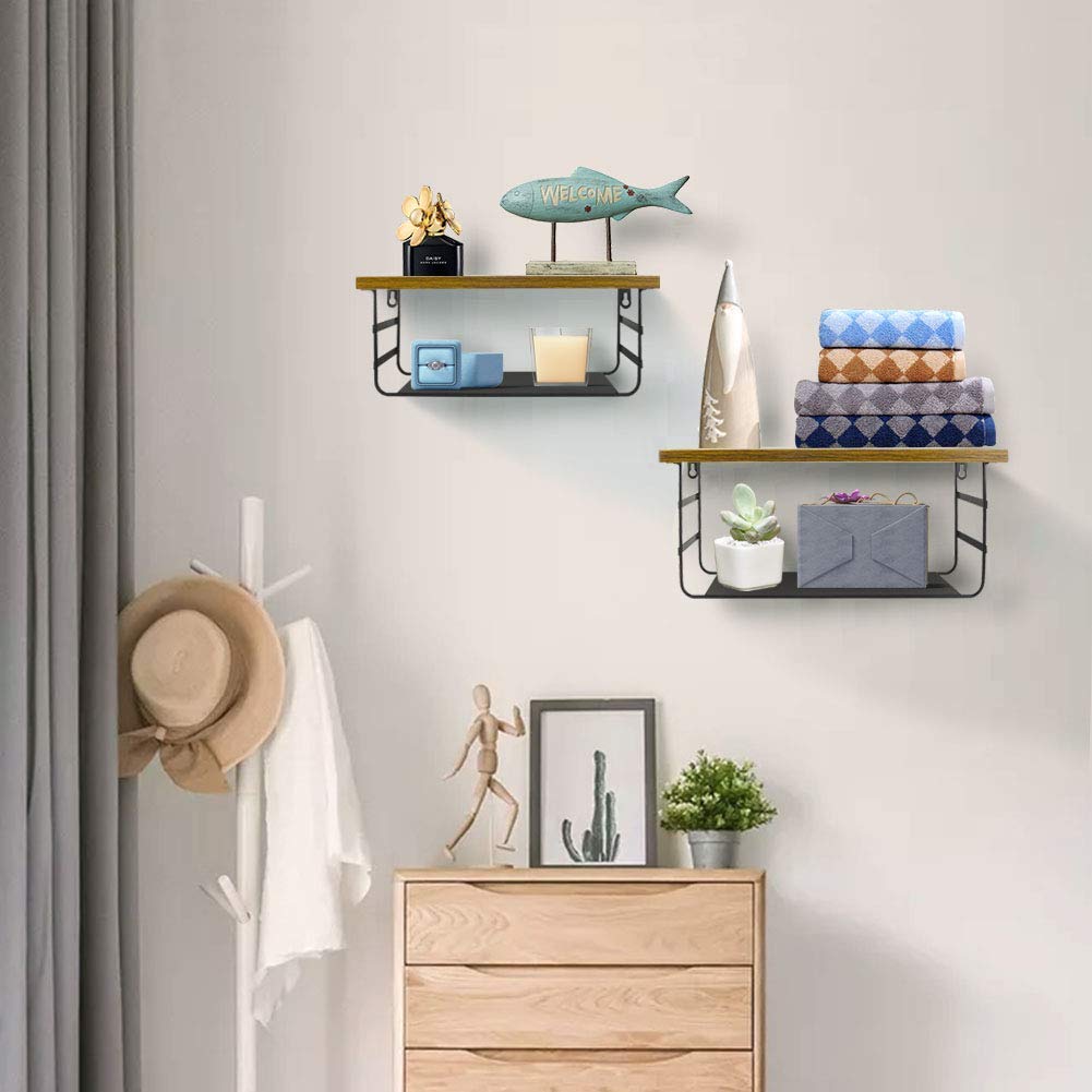 2 Tier Wall Mounted Shelf Set of 2, Wall Floating Shelves with Black Metal for Bedroom, Living Room, Bathroom, Laundry Room, Kitchen, 2 Different Sizes - Opticdeals