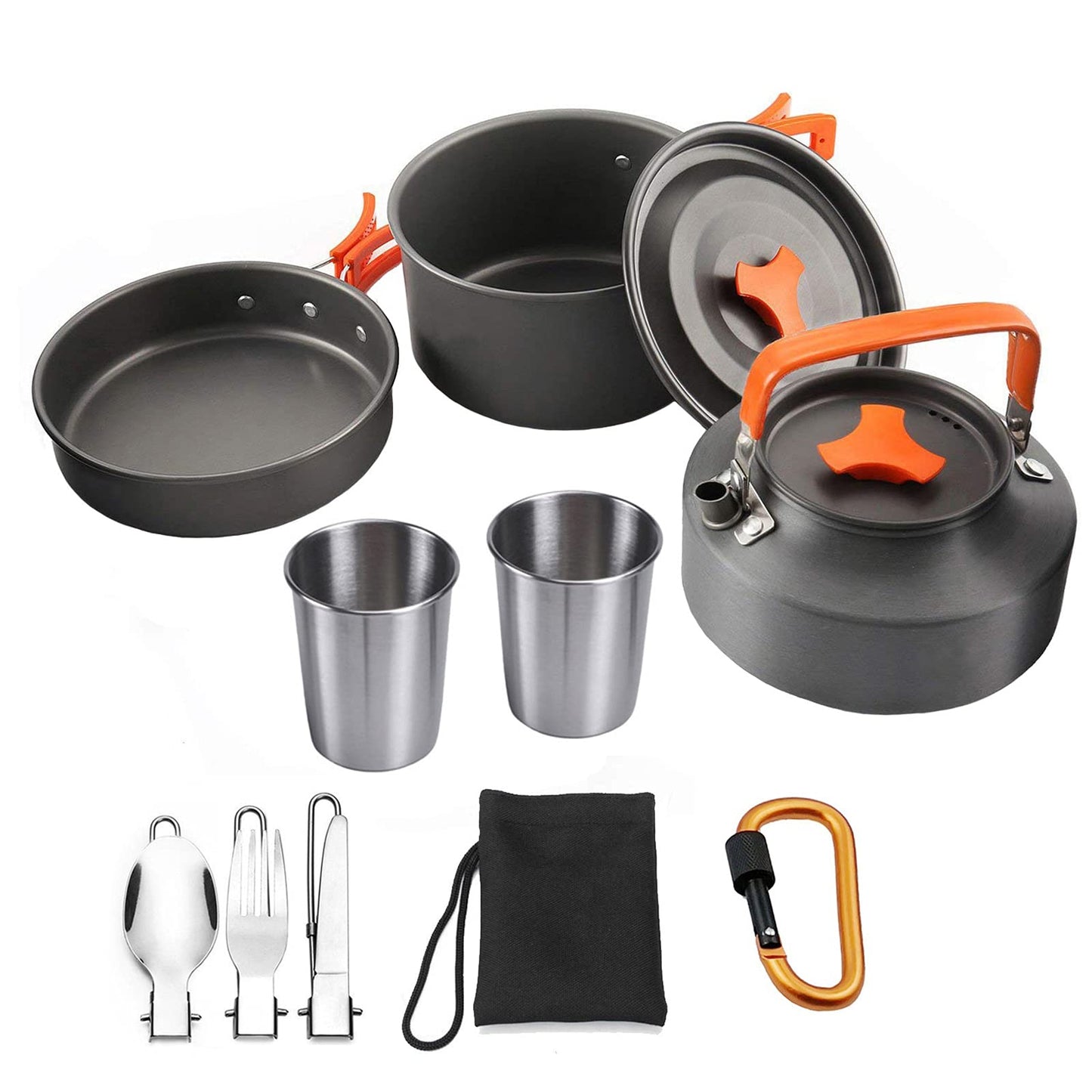 Jasendooer Outdoor Cookware Set Camping Cooker Set Camping Equipment Mountaineering Aluminum Cooker BBQ Tableware Camping Pot Set Suitable for 2~3 People - Orange - Opticdeals