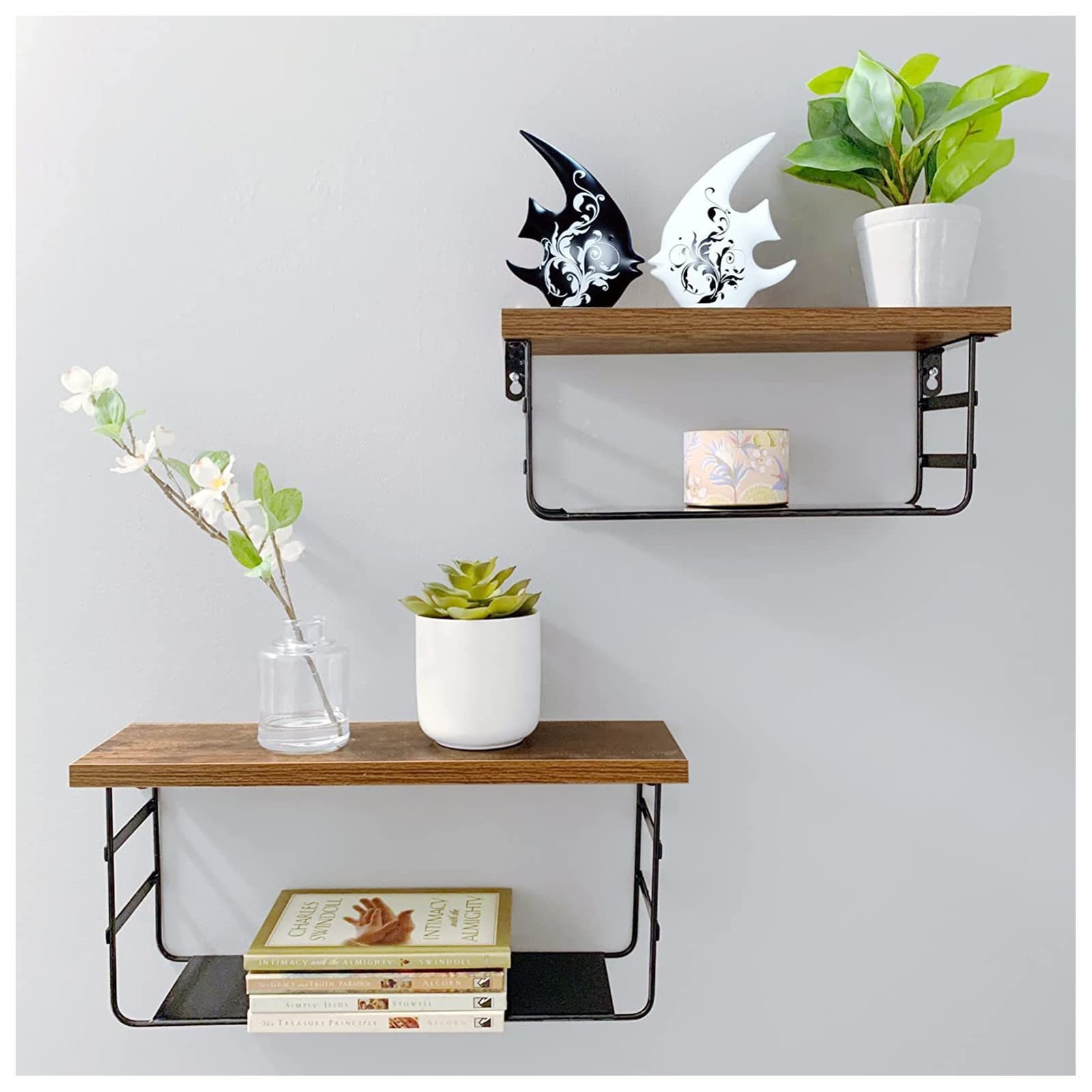 2 Tier Wall Mounted Shelf Set of 2, Wall Floating Shelves with Black Metal for Bedroom, Living Room, Bathroom, Laundry Room, Kitchen, 2 Different Sizes - Opticdeals