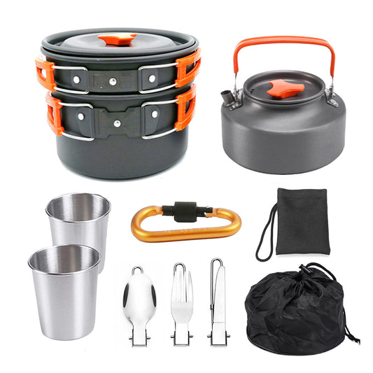 Jasendooer Outdoor Cookware Set Camping Cooker Set Camping Equipment Mountaineering Aluminum Cooker BBQ Tableware Camping Pot Set Suitable for 2~3 People - Orange - Opticdeals