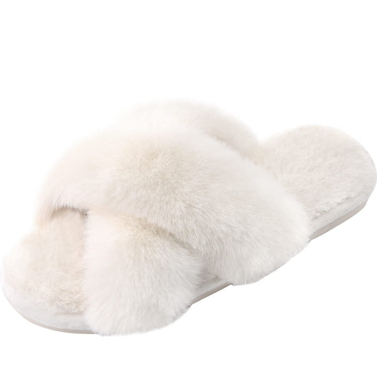 Women's Cross Band Slippers Fuzzy Soft House Slippers Plush Furry Warm Cozy Open Toe Fluffy Home Shoes Comfy Indoor Outdoor Slip On Breathable Off-White 9-10 - Opticdeals