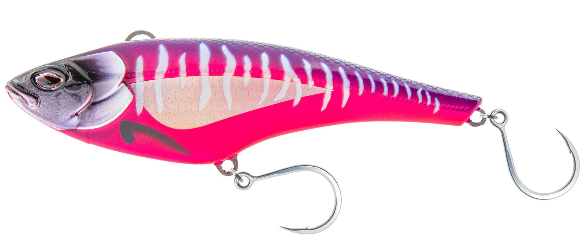 Nomad Design Madmacs Offshore High Speed Fishing Lure, Trolling Minnow, with Super Strong BKK Hooks and Heavy Duty Split Rings, Autotune System, 240mm/10 Sinking, Hot Pink Mackerel - Opticdeals