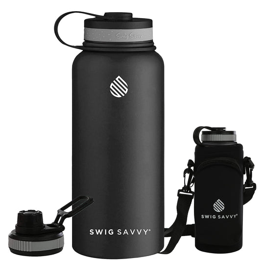 Swig Savvy Sports Water Bottle, Vacuum Insulated Stainless steel, Double Wall, Wide mouth 2 Leakproof Lids, Storage Sleeve - 32oz (Black) - Opticdeals