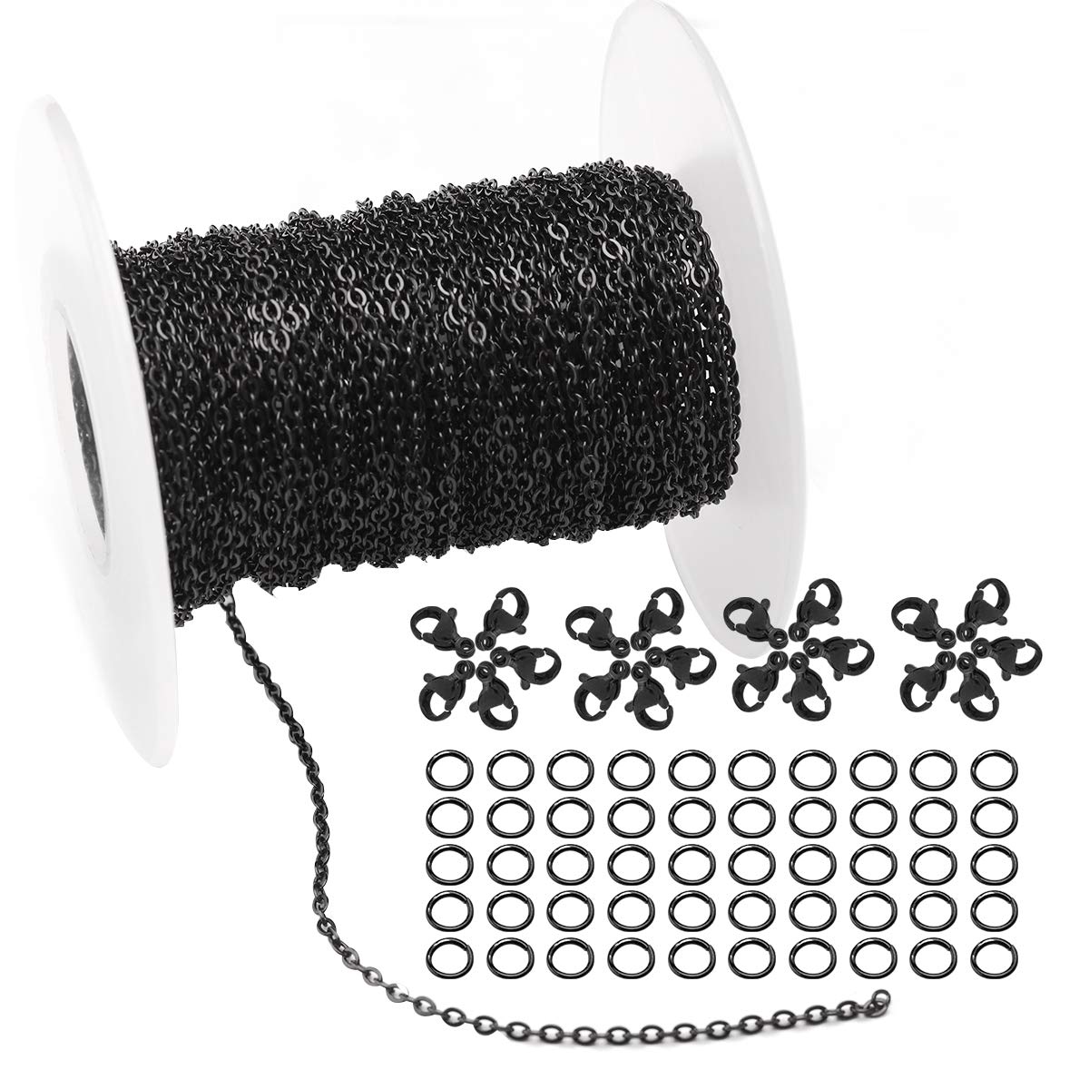 33 Feet Black Stainless Steel Flat Cable Chains Link Spool Bulk with 20 Lobster - Opticdeals