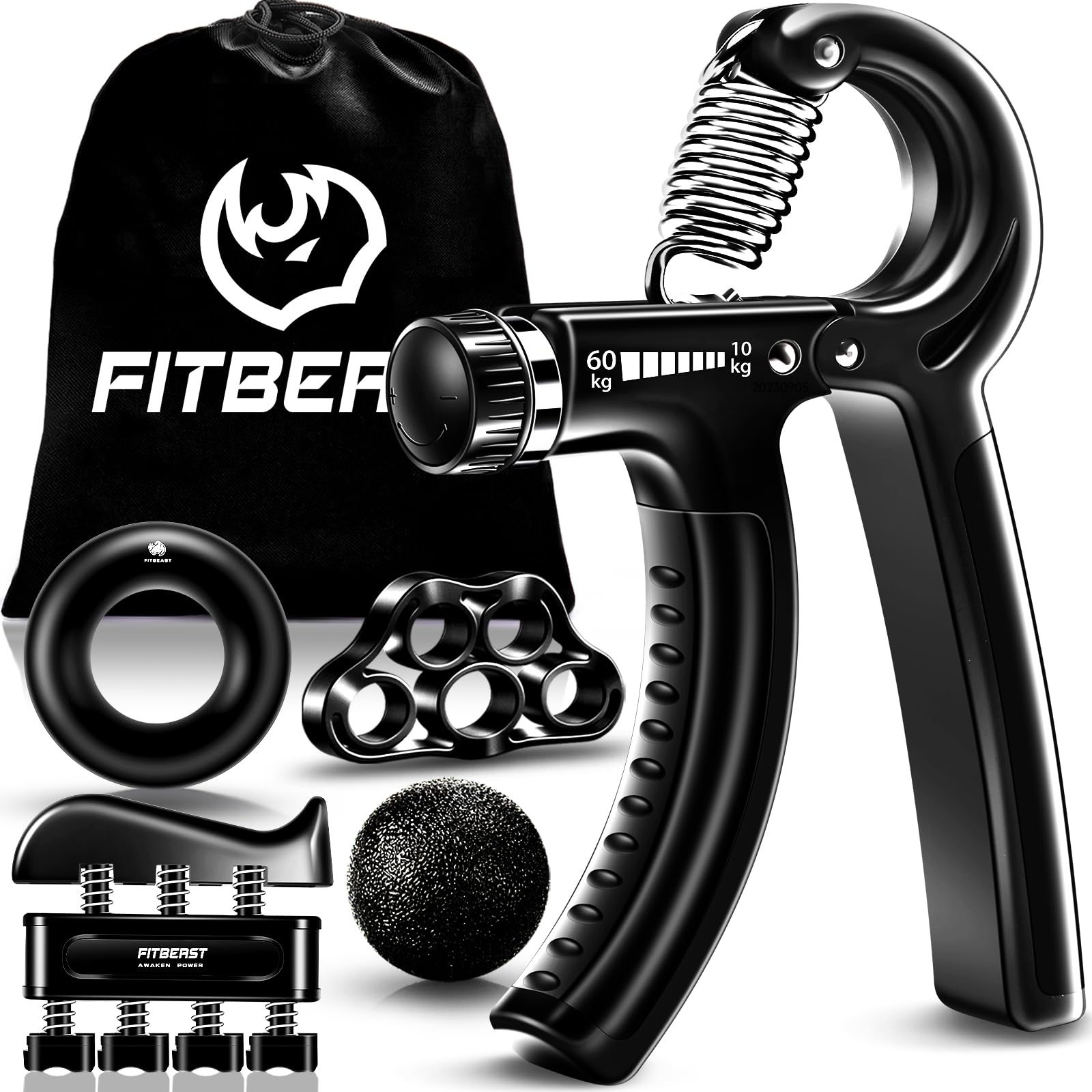 FitBeast Hand Grip Strengthener Workout Kit (5 Pack) Forearm Grip Adjustable Resistance Hand Gripper, Finger Exerciser, Finger Stretcher, Grip Ring & Stress Relief Grip Ball for Athletes - Opticdeals