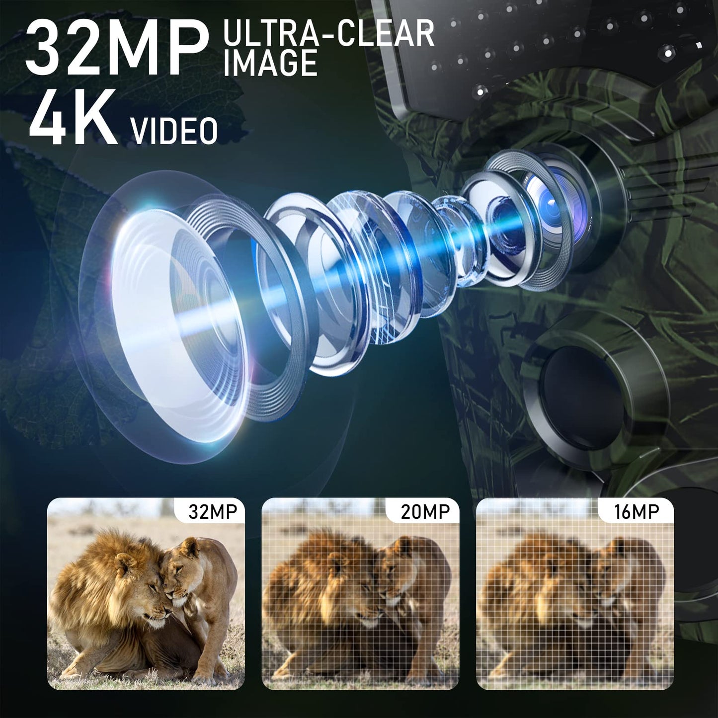 Vikeri 4K 32MP Trail Camera, Game Camera with Night Vision 0.1s Trigger Time Motion Activated 120°Wide Lens, IP66 Hunting Camera with 40pcs No Glow Infrared LED 2.4''LCD for Wildlife Monitoring - Opticdeals