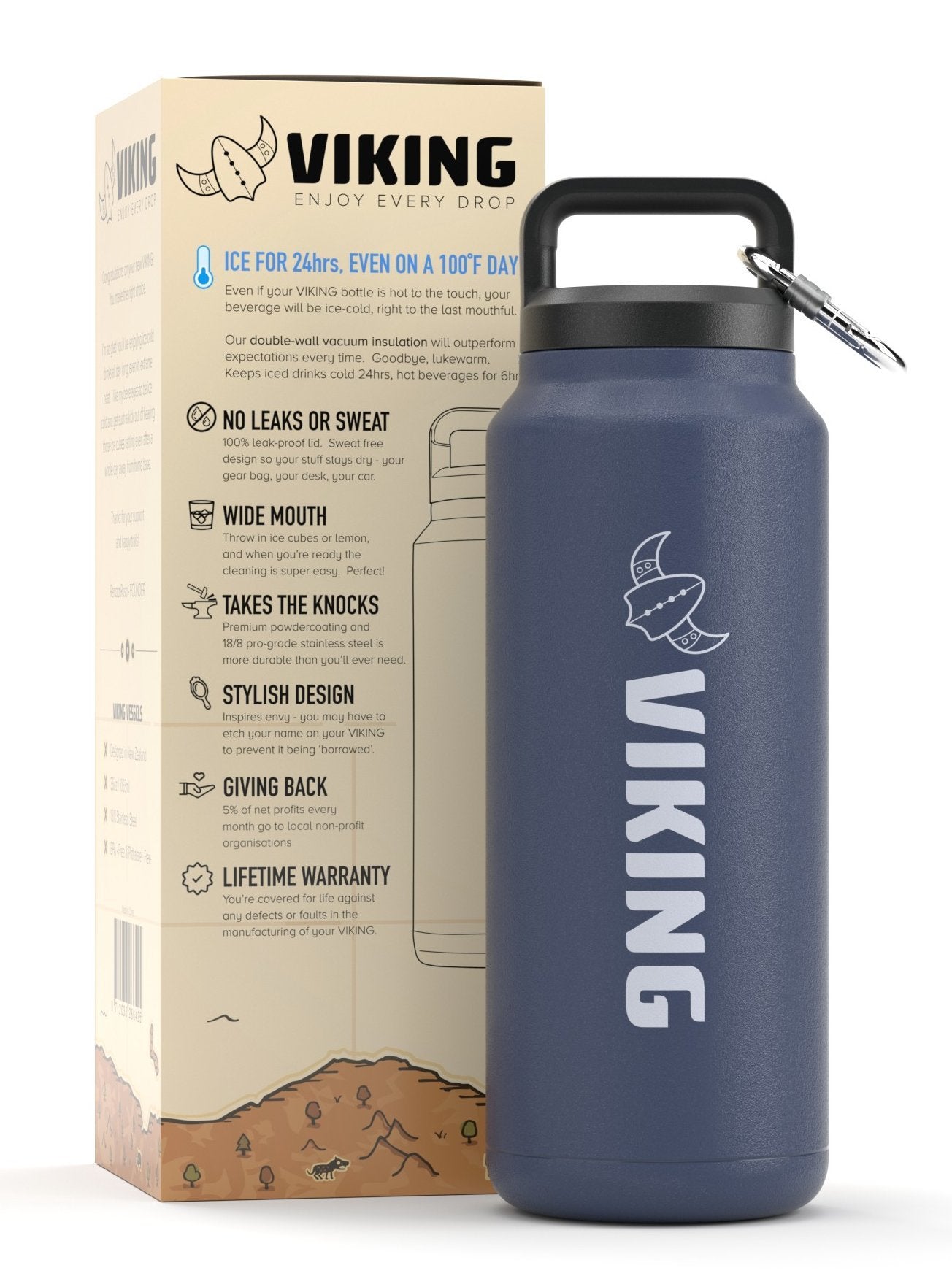 Viking Vacuum Insulated Premium Stainless Steel Water Bottle 36oz w/Free - Opticdeals