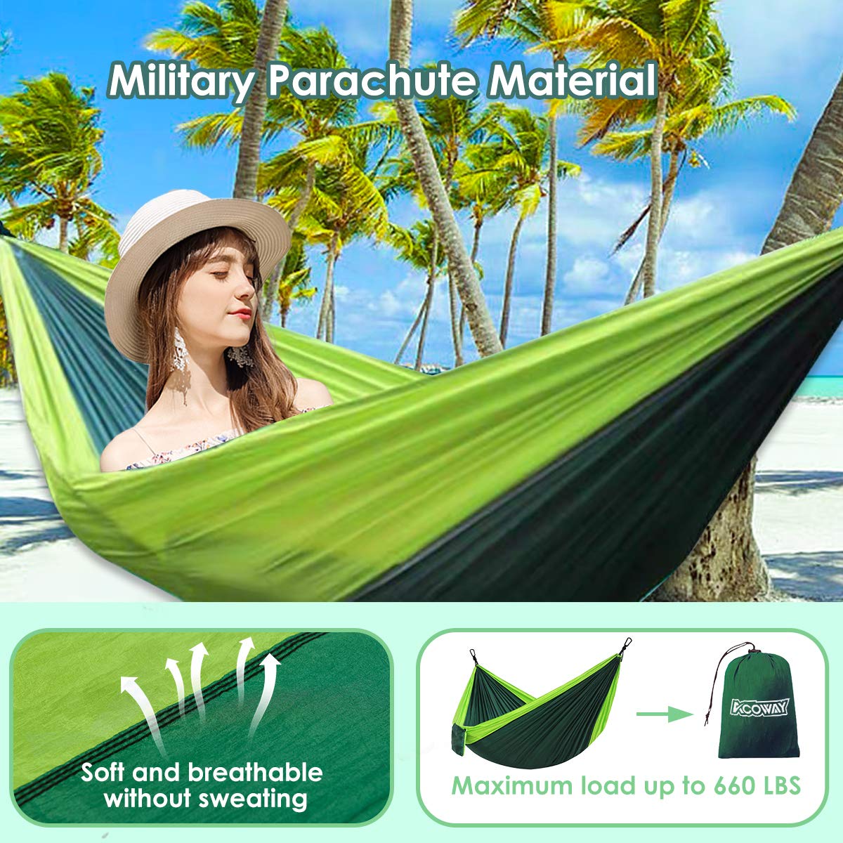 ACOWAY Hammock Camping Double, Hammock and Tree Straps, Travel Parachute Hammock Tree Straps Set of 2,Indoor Outdoor Double Hammock Backpacking for Travel, Beach, Backyard, Patio, Hiking,Green - Opticdeals